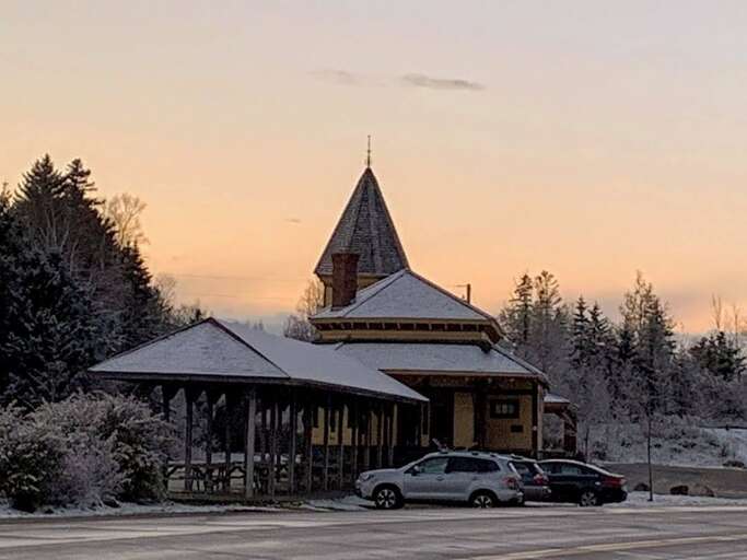 The iconic Highland Station, one of the stops of the scenic railroad that connects Bretton Woods to North Conway