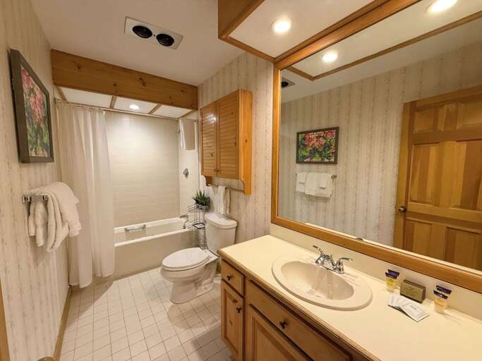Main Level Shared Bathroom: Located on the main level in the hallway and features shower/tub combo.