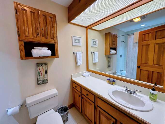 Main level bunk room ensuite bath with shower/tub combo