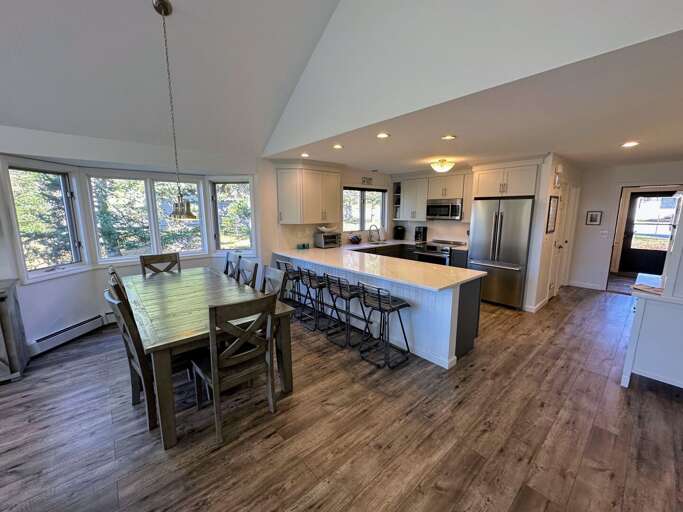 Kitchen is fully stocked for all your cooking needs and offer a Keurig coffee maker and cozy breakfast bar that seats 3.