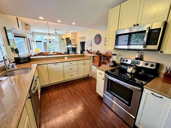 Fully stocked for all your cooking needs and offers beautiful granite countertops, stainless steel appliances and Keurig coffee maker.