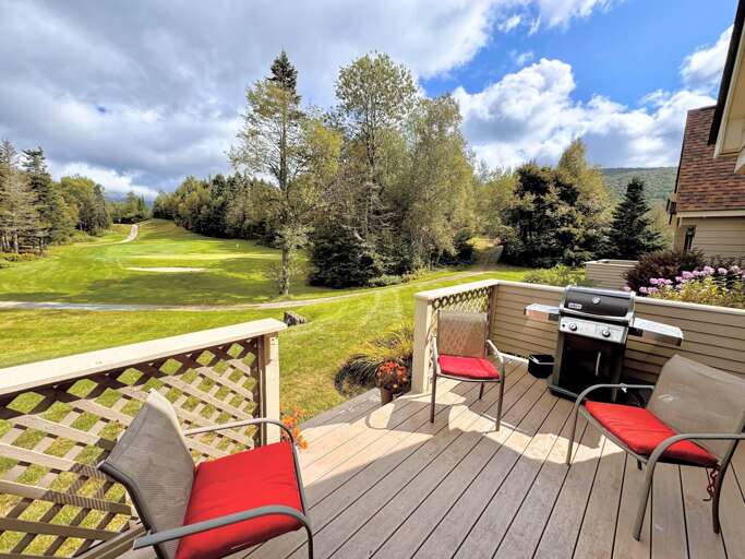 Deck With Red Chairs Facing Green Grass And Trees Under A Bright Sky Deck With Red Chairs Facing Green Grass And Trees Under A Bright Sky