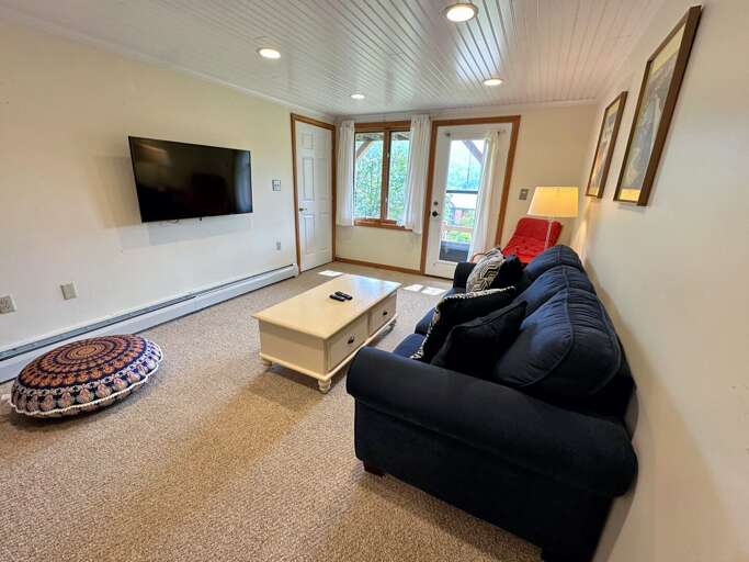 Lower level living area with TV, air hockey, and arcade console
