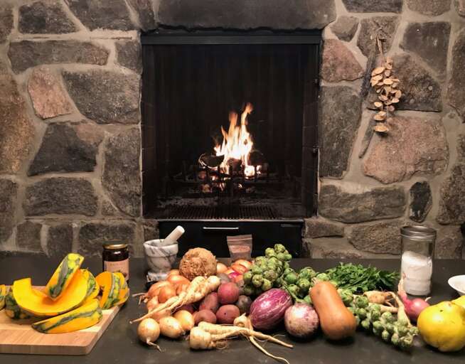 Fireplace With Various Vegetables On The Counter