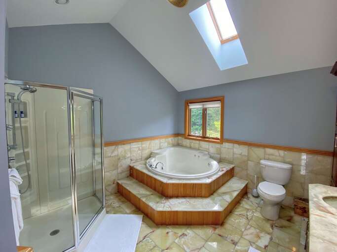 Upper level King bedroom private bath with double vanity, tub and shower
