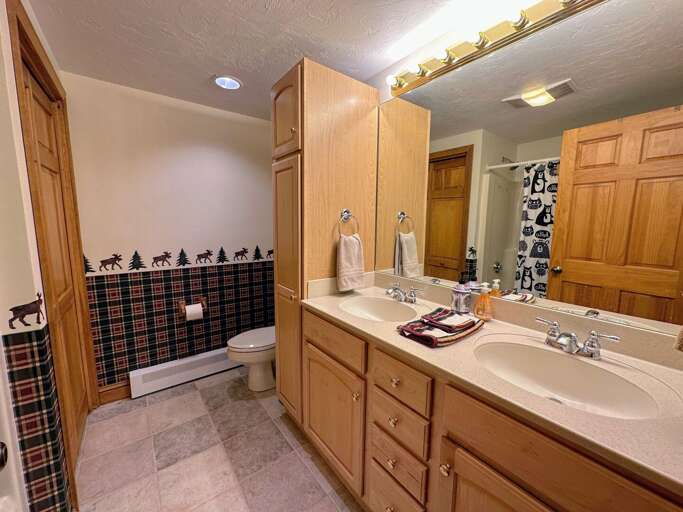 Lower level shared bathroom with shower/tub combo