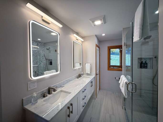 Upper Level King Bedroom 1 Ensuite Bath with custom shower and double vanity