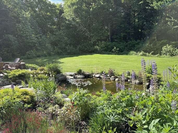 A flat lawn with pond in the back is great for entertaining the kids