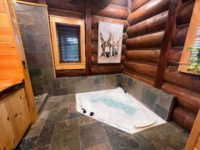 Main level King bedroom private bath with shower and jetted tub