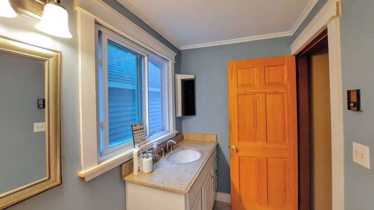 Lower level shared bathroom with shower