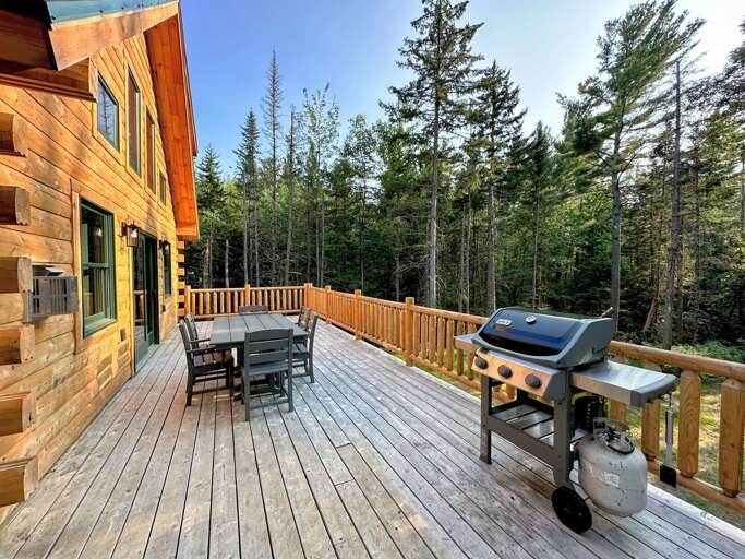Wooden Cabin With Deck And Barbecue Grill Surrounded By Trees