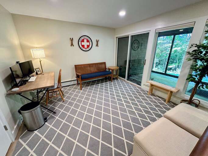 Lower level living area with wood burning fireplace, TV and desk