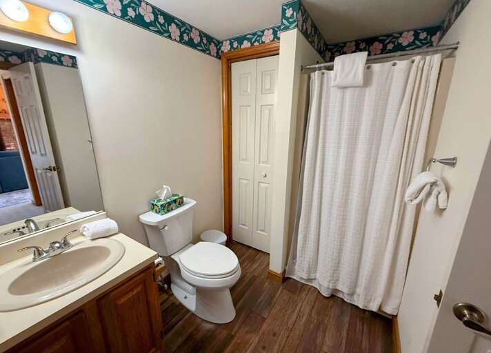 Main level shared bath with shower. Main level shared bath with shower.