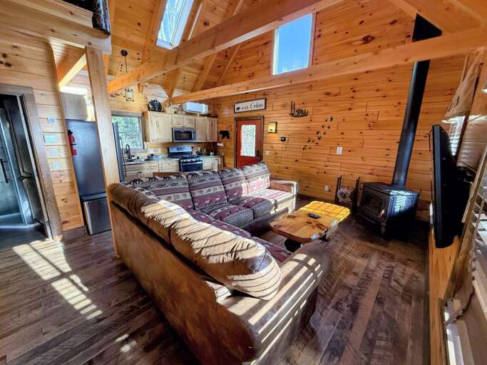 Bear Cabin - Cabin from front entry with new couch. Small but cozy and comfortable, the main living area includes the kitchen, a small dining table, and a TV area.