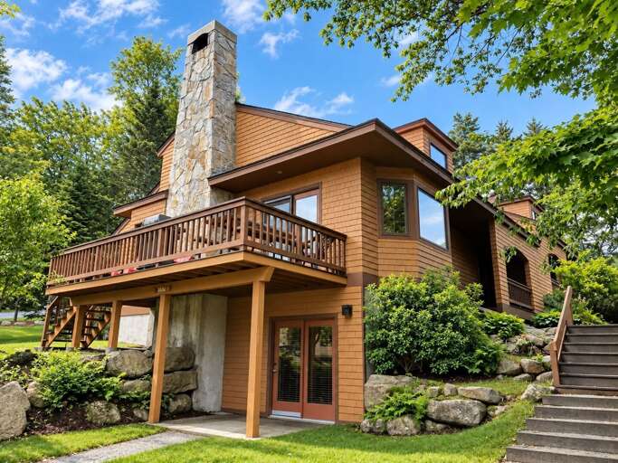 The cottage's wood siding, stone chimney, and elevated deck create a classic White Mountains setting.
