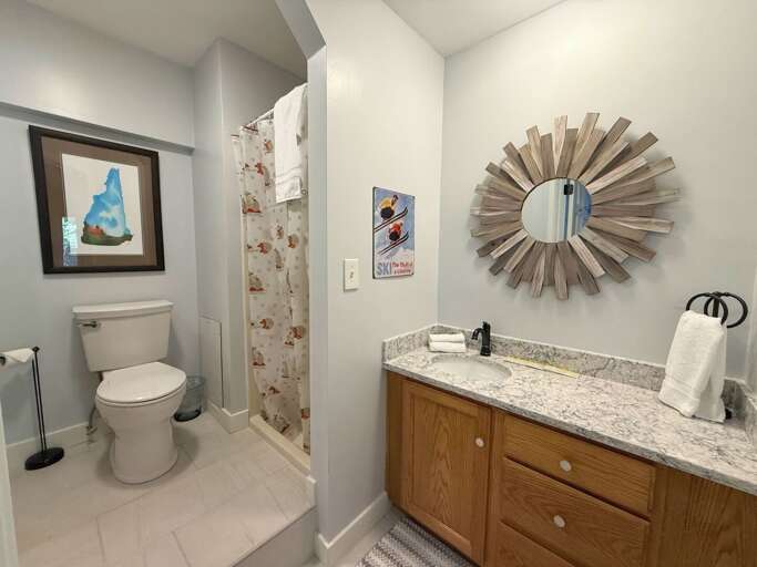 The shared lower-level bathroom offers a shower and a spacious vanity.