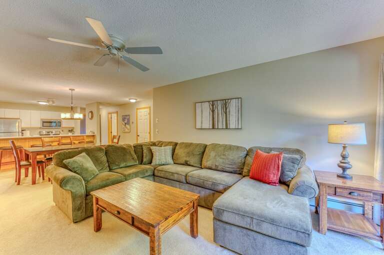 Comfortable seating and an open concept living, dining, and cooking area.