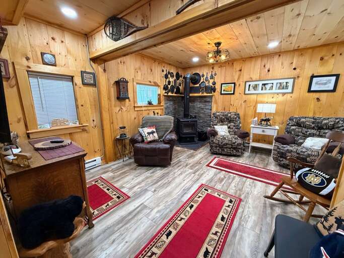 Living area with Wood Stove and Roku TV