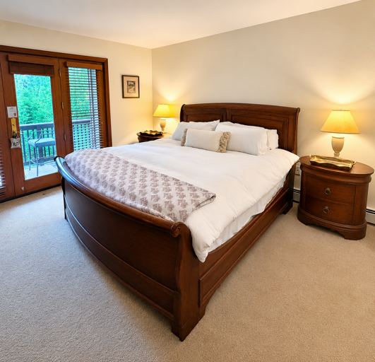 Main Level King bedroom with walkout access to shared deck and private ensuite bath