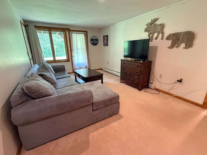 On the lower level there is an additional living space with TV and a table for board games.
