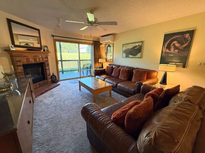 Living area with comfortable seating, gas fireplace and TV