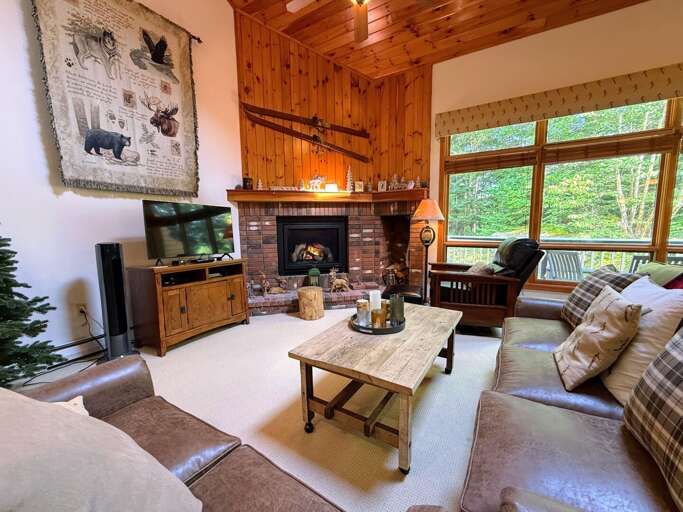 Living area offers a smart TV, gas fireplace and deck access