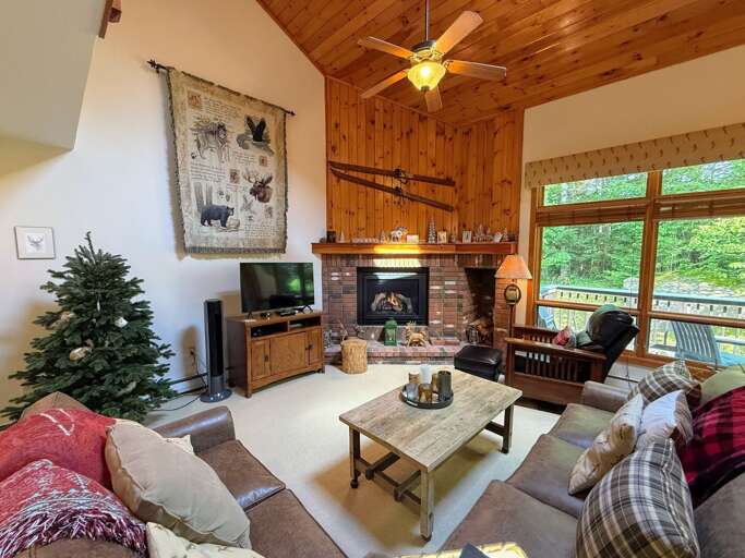 Living area offers a smart TV, gas fireplace and deck access