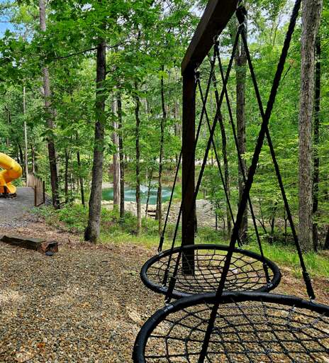 Saucer Swings by the fire pit with view of the Pond