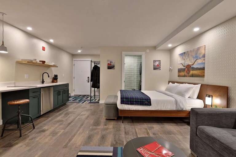 The K-Town Base Camp. A modern, open studio designed for comfort and convenience.