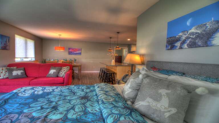 Experience comfort in our cozy main suite featuring a plush queen bed, relaxing couch, and a TV for entertainment.