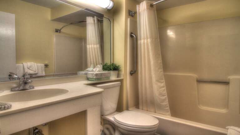 The property features a well-appointed ensuite bathroom complete with a shower, toilet, and sink.
