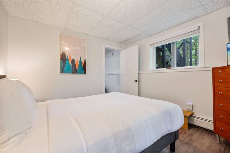 The lower-level bedroom sits away from the main gathering areas, with storage close by.