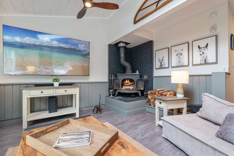 The TV sits above a simple console beside the woodstove, with firewood stacked close by.