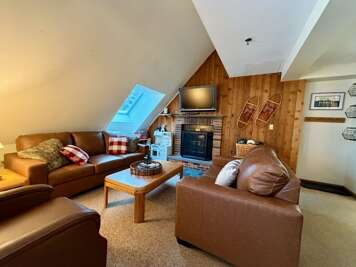 The living area features a cozy, rustic aesthetic with a classic "ski lodge" atmosphere. It features