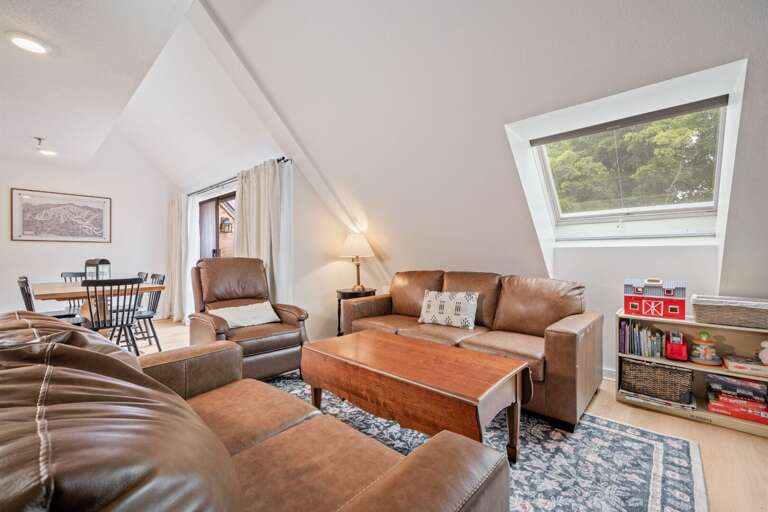The skylight brightens the living room while the dining area stays within view.
