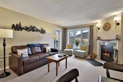 Living room with new premium queen sofa bed and mountain views.