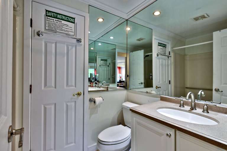 The sauna entrance is in the bathroom, so you can move between your sauna session and shower without crossing the condo.