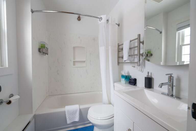 Full bathroom with a tub-shower combination, vanity, toilet, and window.