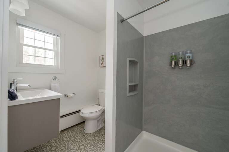 Full bathroom with a walk-in shower, vanity, toilet, and window.