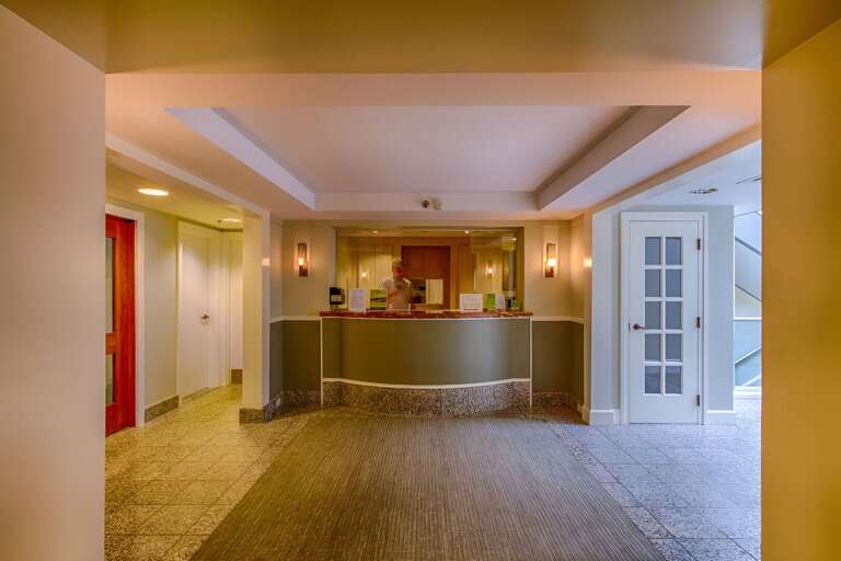 The reception desk is easy to find just inside the resort center.