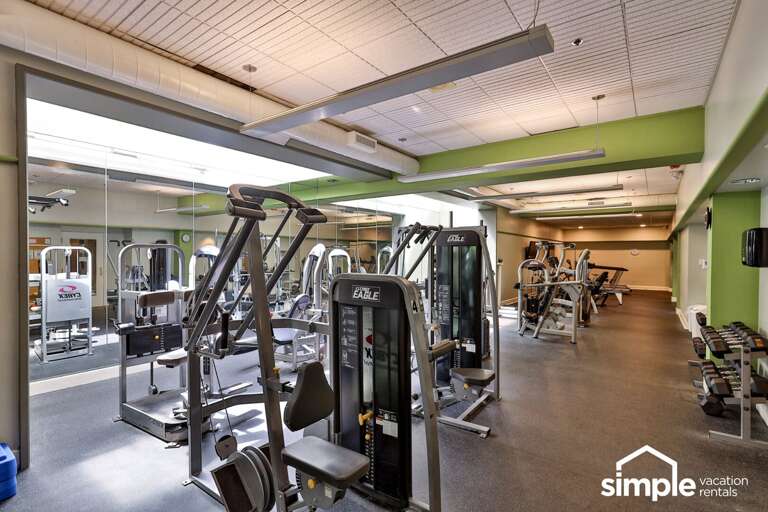 Keep the routine going with treadmills, free weights, and strength machines on site.