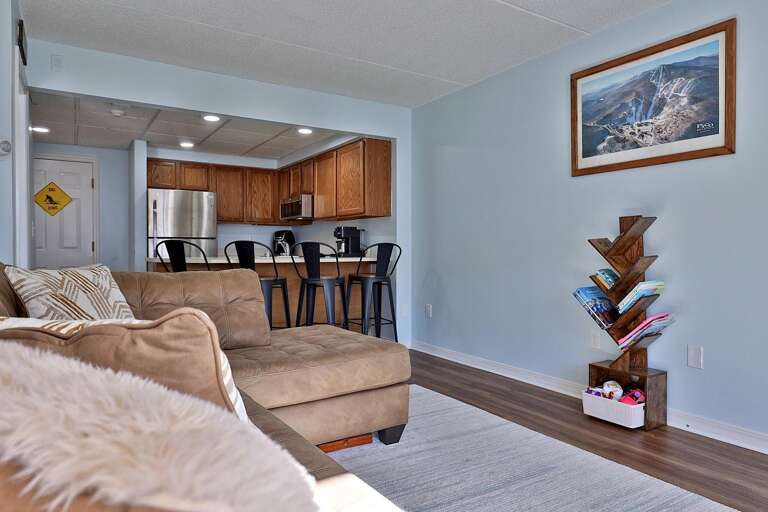 The sectional, TV, and breakfast bar share one open room.