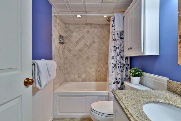 The bathroom combines a bathtub and shower, with the vanity close by.