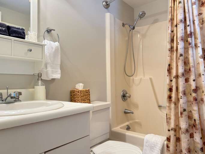 This entry-level bathroom has a combined tub and shower, with a handheld shower attachment.