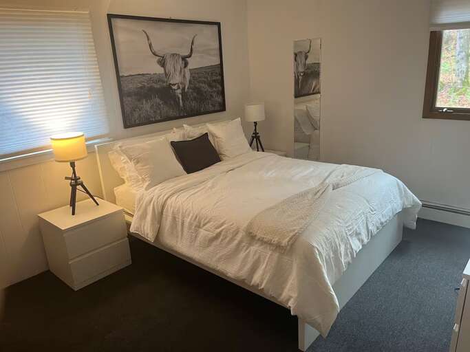 This bedroom has one queen bed, with bedside tables on both sides.
