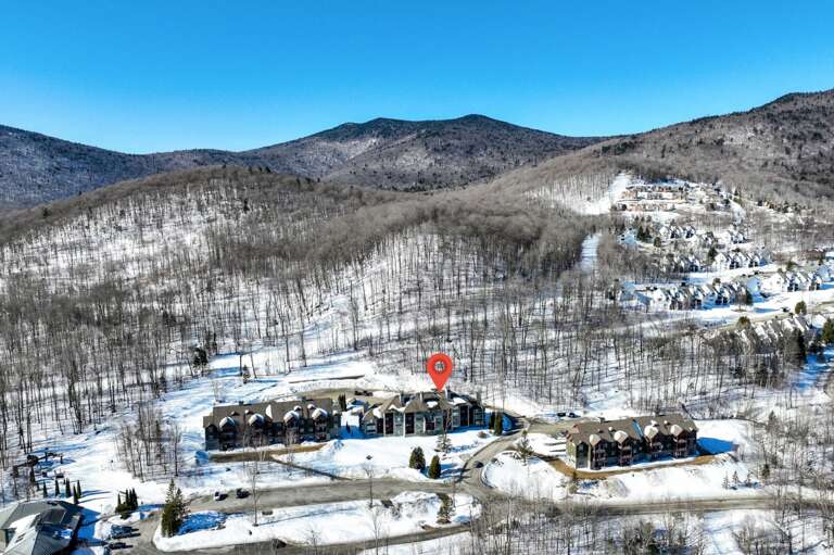 The red marker identifies the building group in this winter aerial, with woodland and other homes beyond.