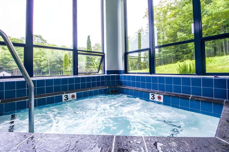 Tall windows surround the shared indoor hot tub, with greenery outside the glass.