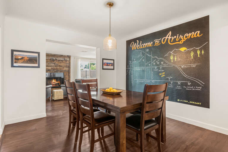 Modern Dining Room With Arizona-themed Decor And Fireplace Modern Dining Room With Arizona-themed Decor And Fireplace