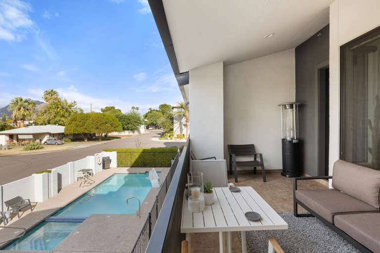 Second level balcony with heated pool view below