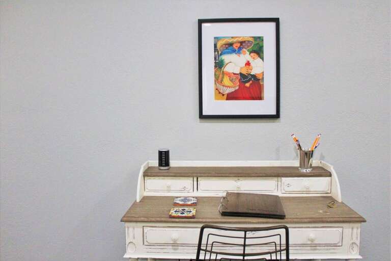 Your work-from-home station, with multi-USB charger and a comfortable desk and chair.  Your work-from-home station, with multi-USB charger and a comfortable desk and chair.
